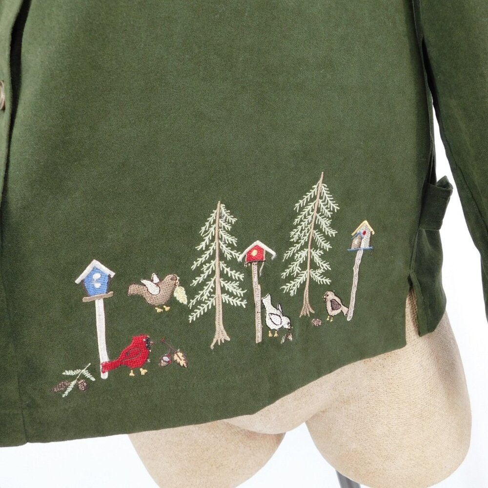 Christopher And Banks Women PXL Green Button Up Stretch Shirt Bird House Tree - Picture 6 of 10